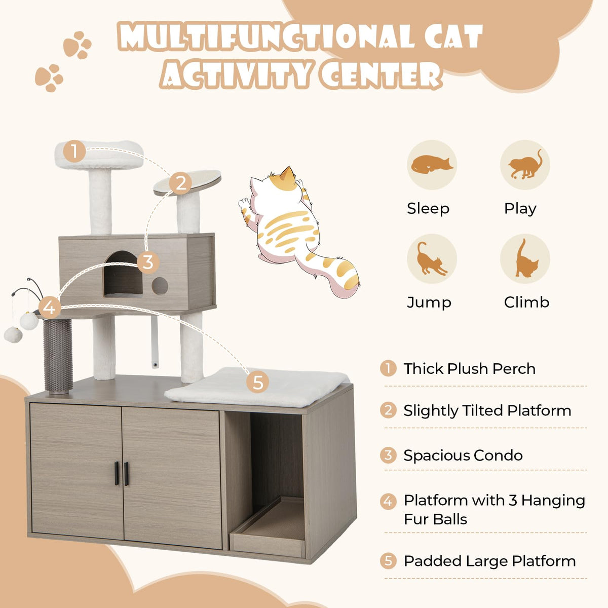 132cm 2-in-1 Cat Tree with Litter-Box Cabinet