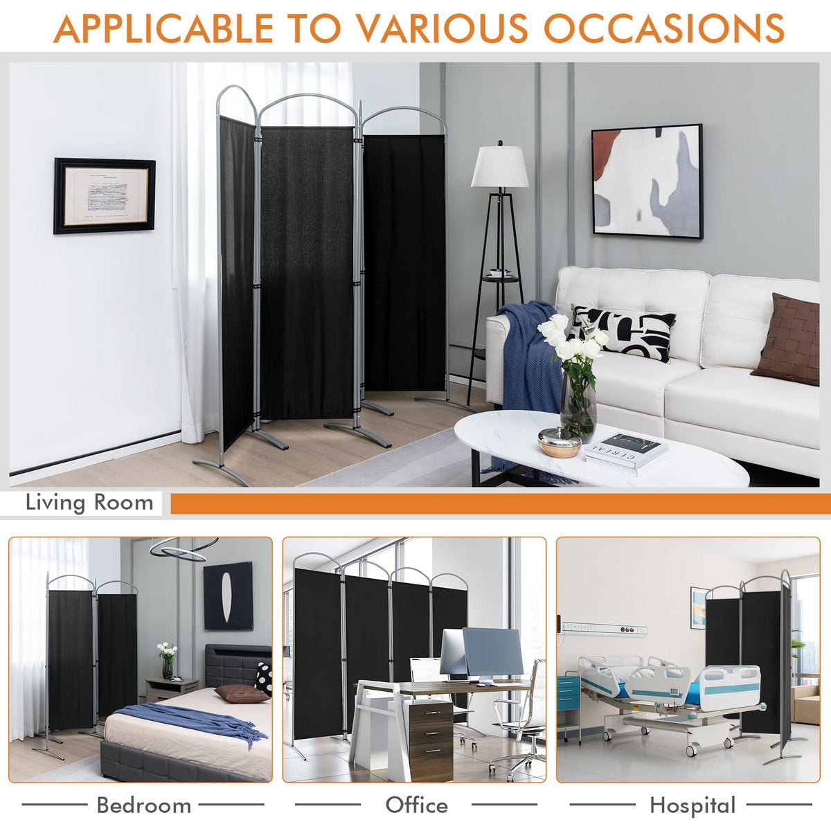 221 × 188 cm 4-Panel Black Fabric Room Divider