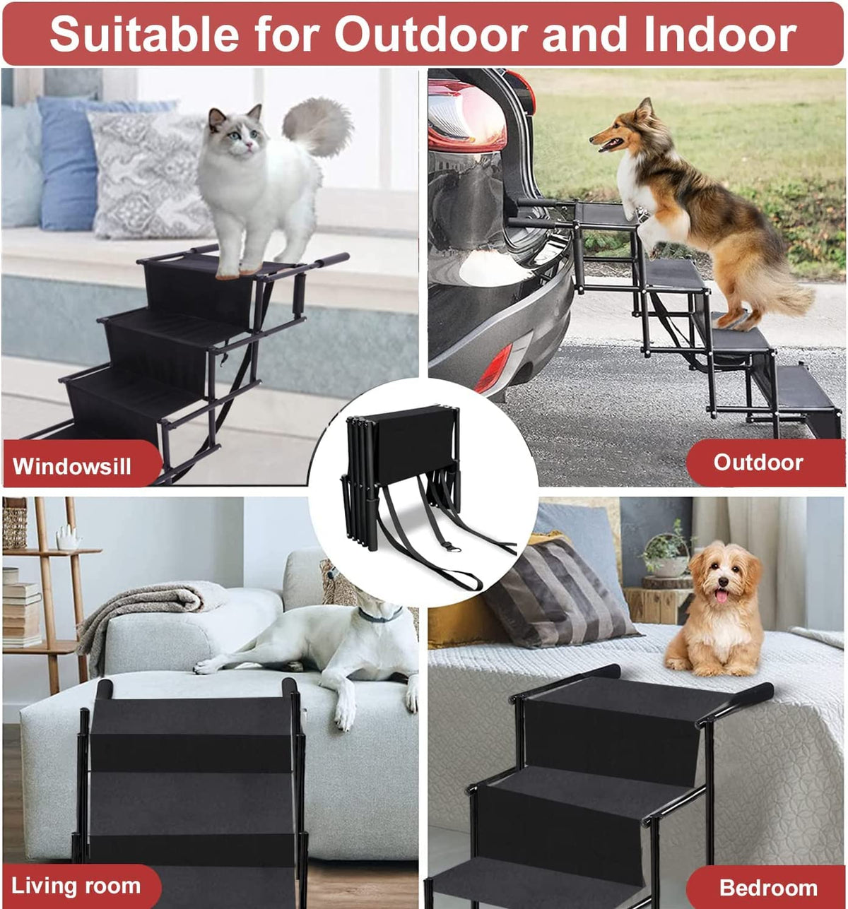 4-Step Folding Dog Car Stairs – 80 kg Capacity