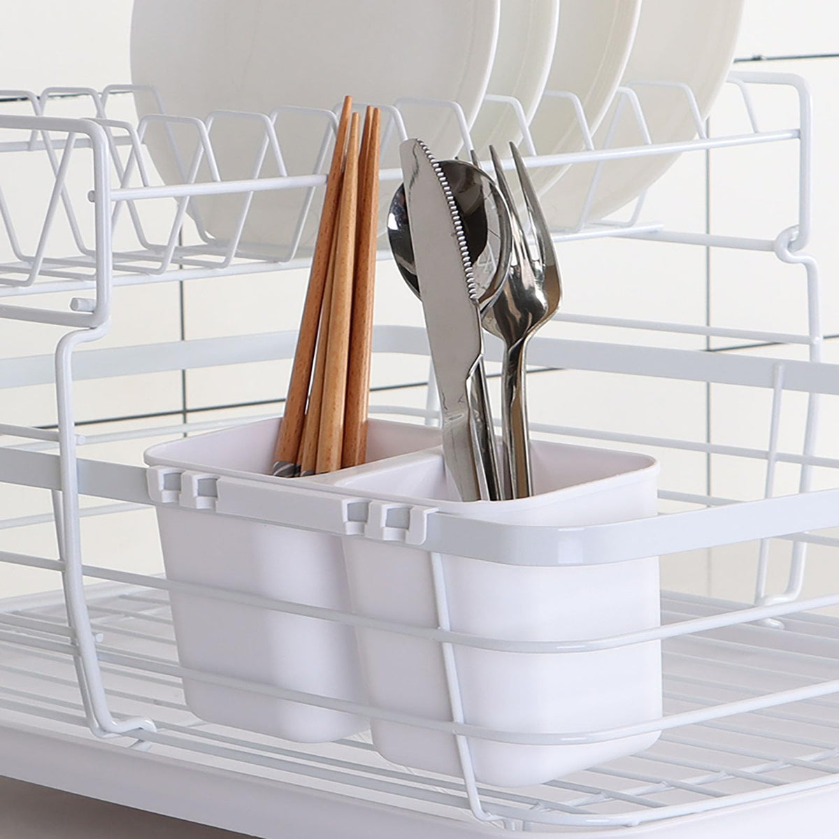 43 cm White 2-Tier Dish Drying Rack with Rotating Drain Spout