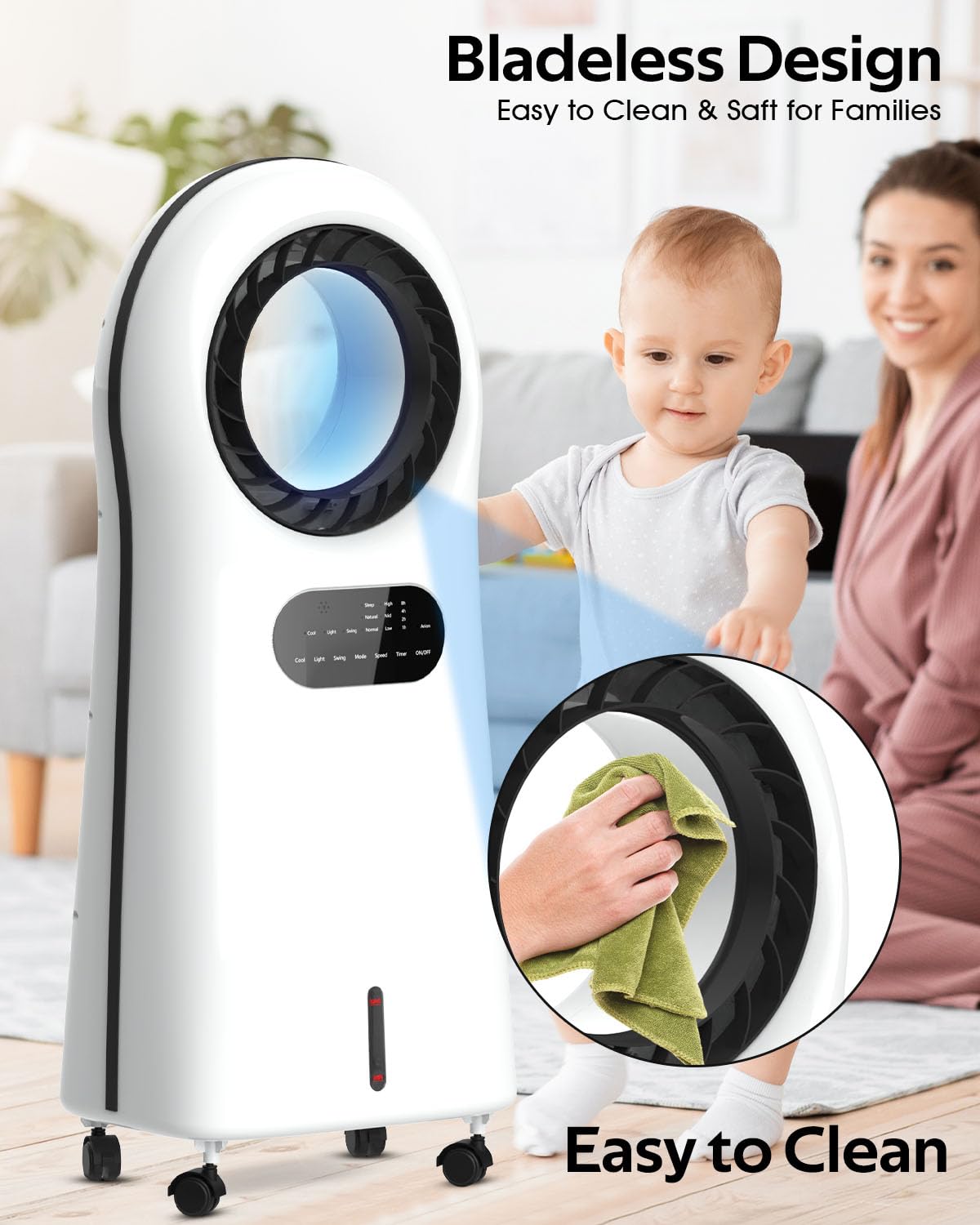 Evaporative Air Cooler, Bladeless Cooler Fan with 3 Modes 3 Speeds Air Conditioner Fan for Bed Room, Office, 3L Water Tank, 8H Timer, 120° Oscillating, 2 Ice Boxes