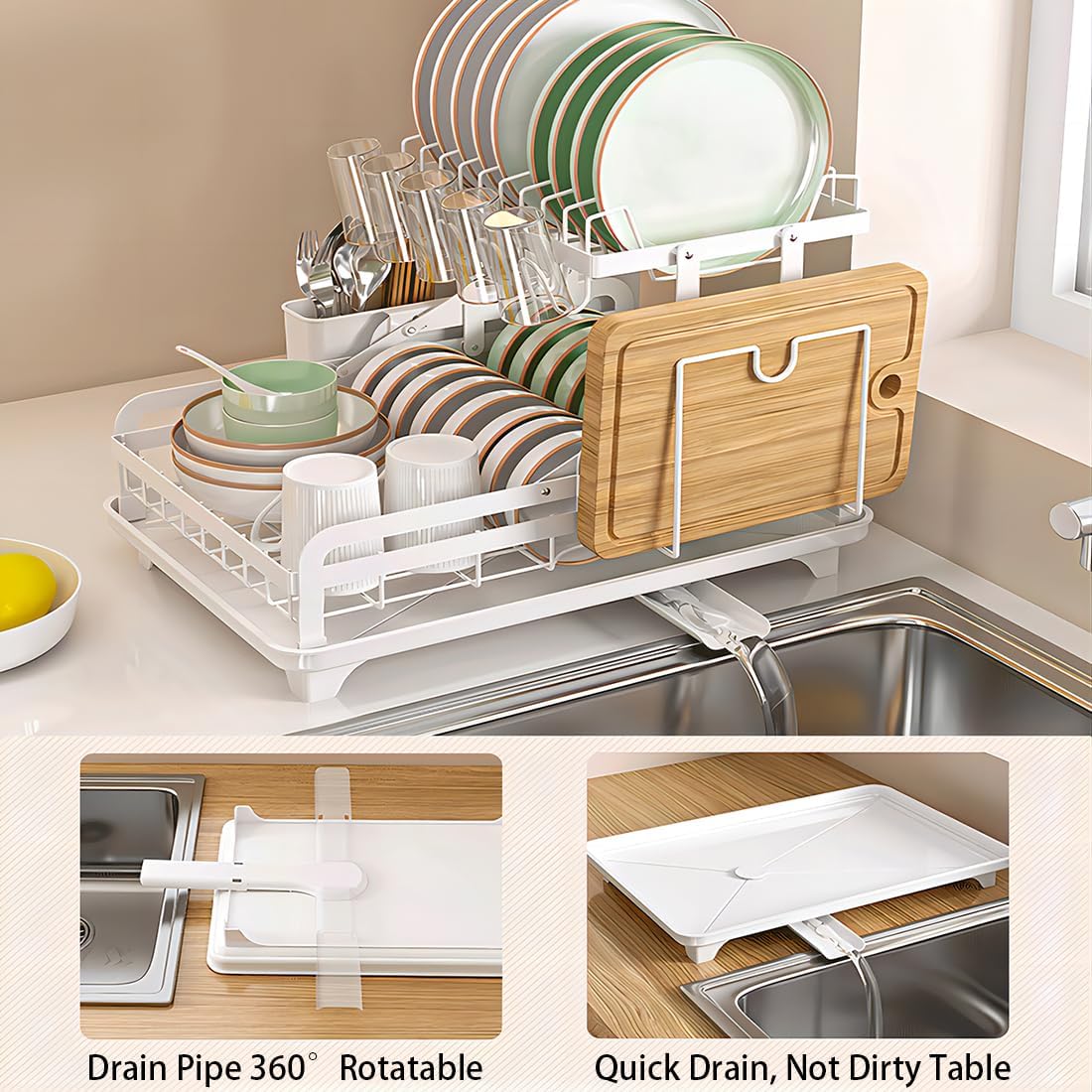 42 cm Collapsible 2-Tier Dish Rack with 180° Drain Spout
