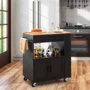 Black Rolling Kitchen Island with 3-Tier Spice Rack