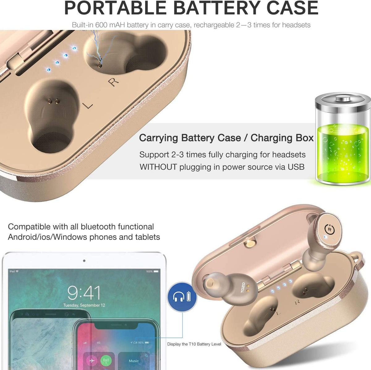 TOZO T10 Bluetooth 5.0 Wireless Earbuds with Wireless Charging Case IPX8 Waterproof TWS Stereo Headphones in Ear Earphones Built in Mic Headset Premium Sound with Deep Bass for Sport Khaki