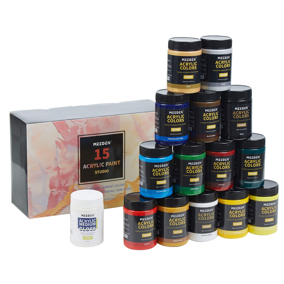 MEEDEN Acrylic Paint Set, 15 Colours 300ml/10.14 oz., Non-Toxic Acrylic Paints for Beginners and Artists to Create Art & DIY Projects on Canvas, Wood, Ceramics, Paper & Glass