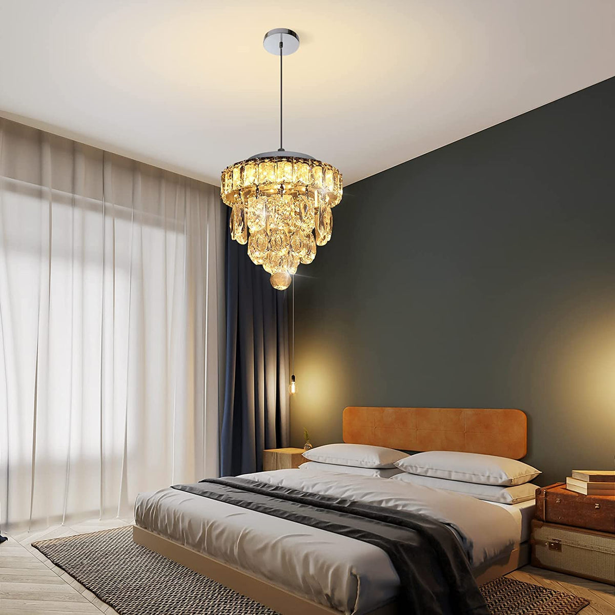 Mini Crystal Chandelier,Chrome Ceiling Pendant Light Fixtures,LED Crystal Flush Mount Ceiling Light Dimmable with Remote for Bedroom Dining Room Hallway(18W/3000-6500K)