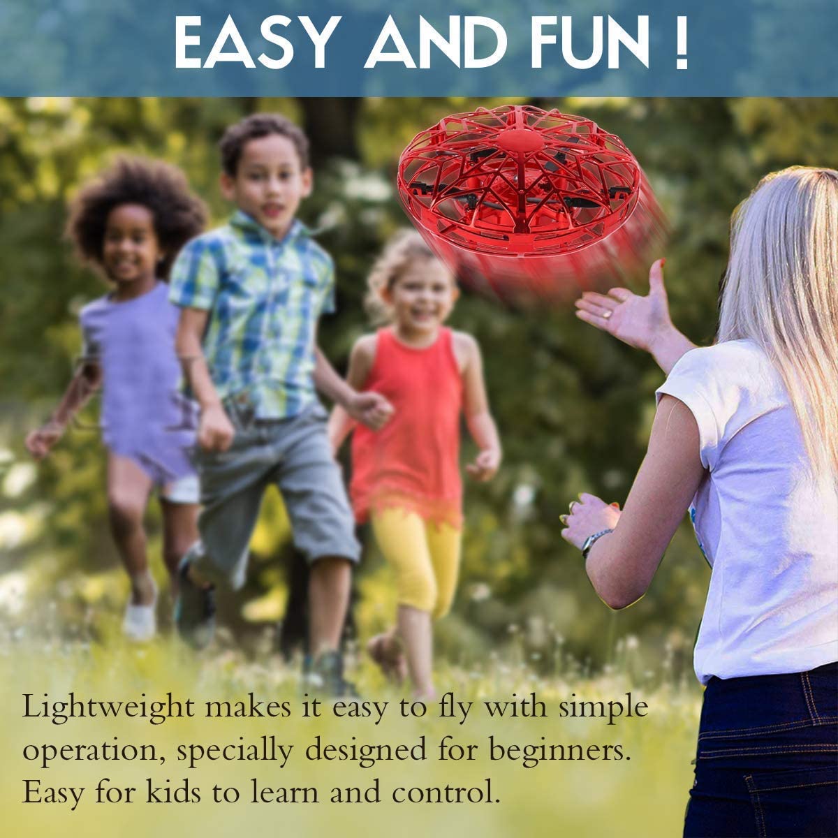 Hand Operated Drones for Kids or Adults - Air Magic Scoot Hands Free Mini Drone Helicopter, Easy Indoor UFO Flying Ball Drone Toys for Boys or Girls (RED)