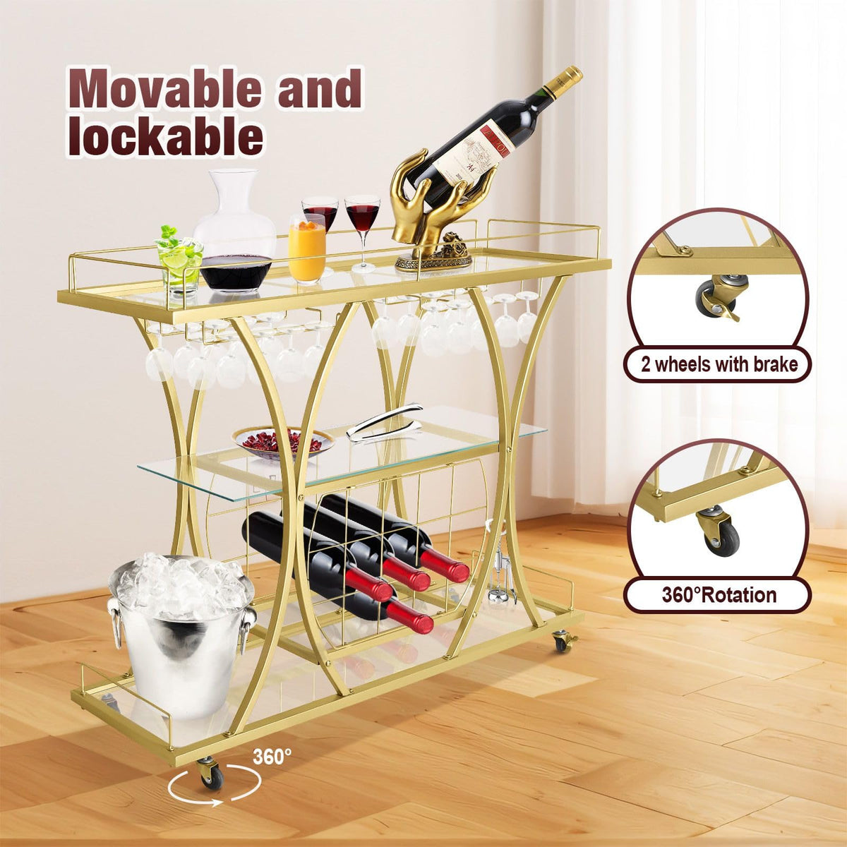 3-Tier Gold Bar Cart with Glass & Wine Racks