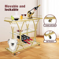 3-Tier Gold Bar Cart with Glass & Wine Racks