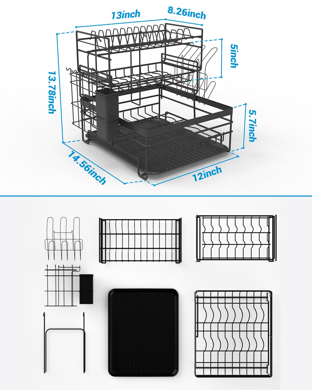 3-Tier Black Dish Rack with Removable Drip Tray & Holders