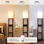 Floor Lamp with Shelves, Lamp for Living Room with Shelf, Floor Lamp Shelf, Floor Lamp with White Lamp Shade, Floor Lamps for Bedroom with Matt Black Real Solid Wood Shelf
