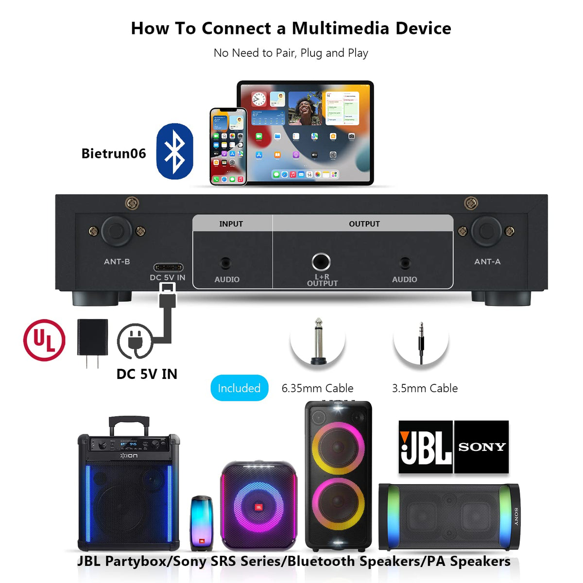 Bietrun Dual UHF Wireless Microphone Mixer with Echo & Bluetooth