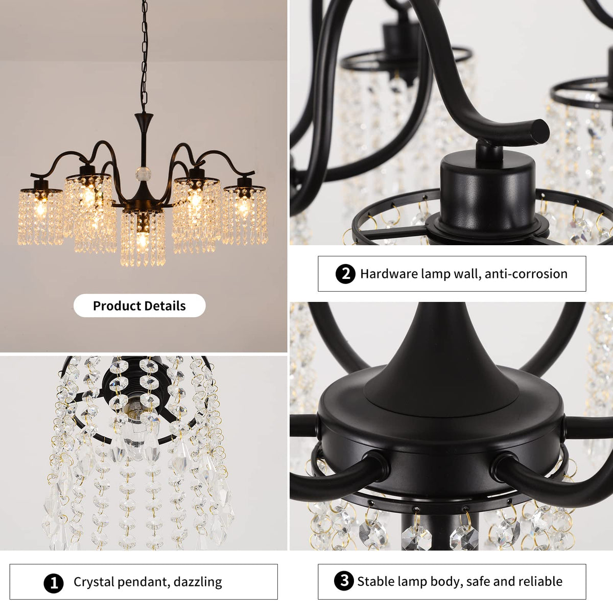 7 Lights Crystal Chandelier, Industrial Farmhouse Chandeliers,Metal Black Pendant Light Dining Room Light Fixture for Kitchen Island Living Room Hallway Bedroom