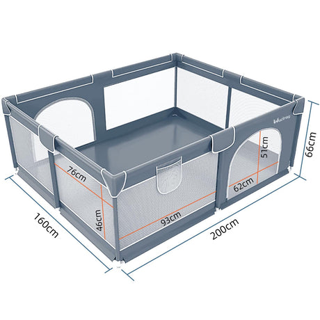Baby Playpen, 200cm Extra-large Playpens Play Yard with 50 Balls Pit, 4x handlers, Baby Play Gates with Basket Net, Playards Fence for Toddler Babies with Breathable Mesh (200*160*66cm)