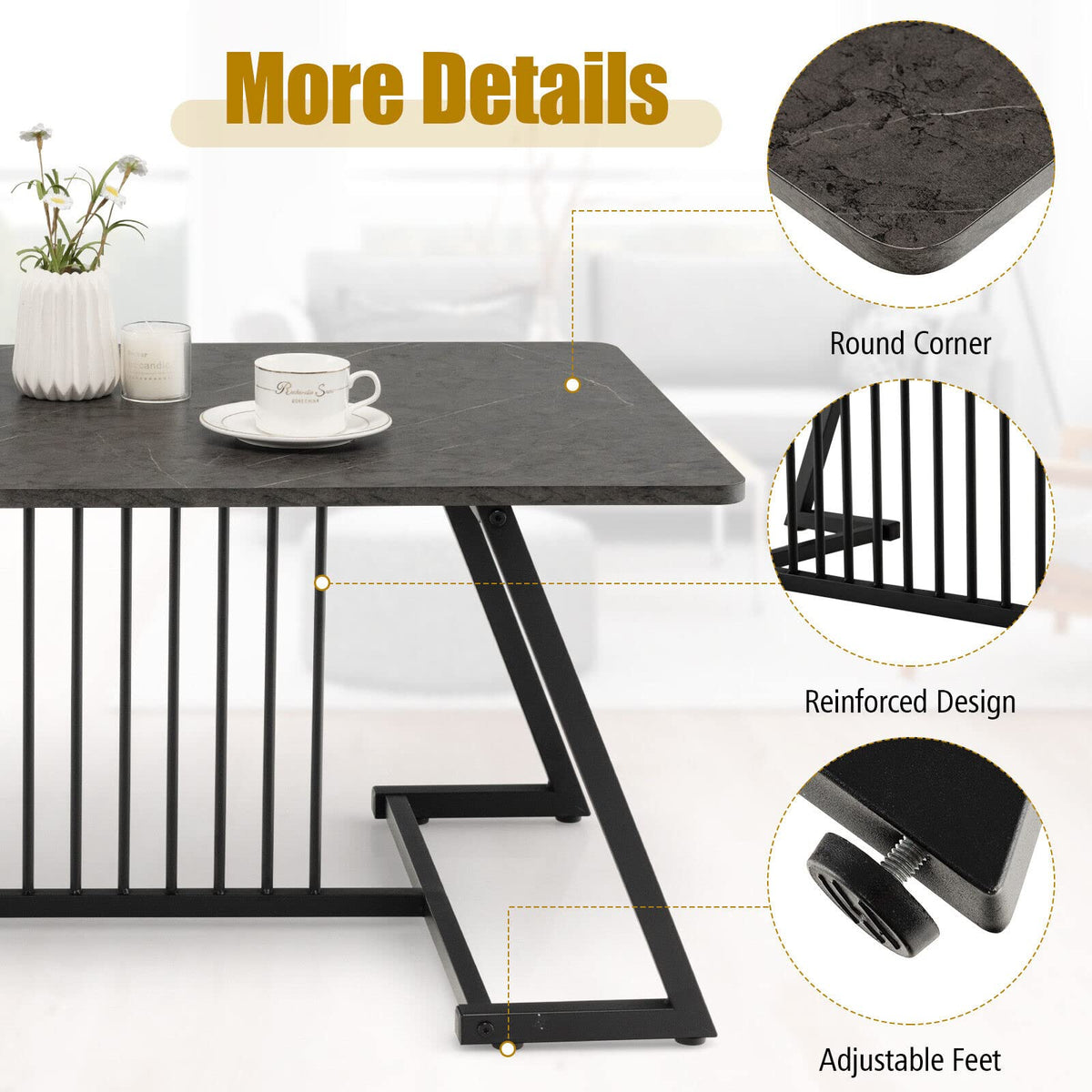 Black Faux-Marble Coffee Table with Steel Legs