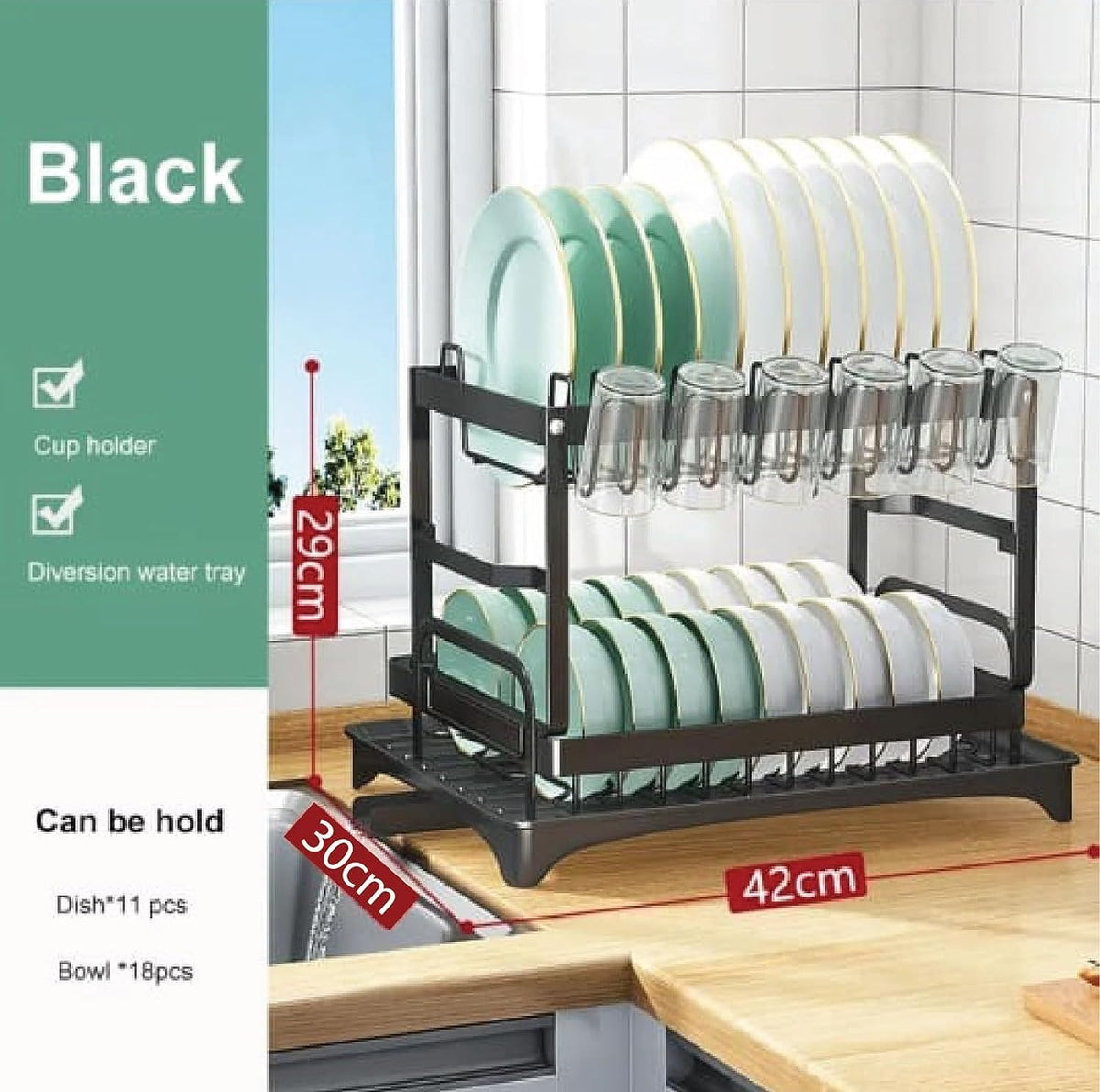 2-Tier Dish Rack with Knife, Cup & Board Holders