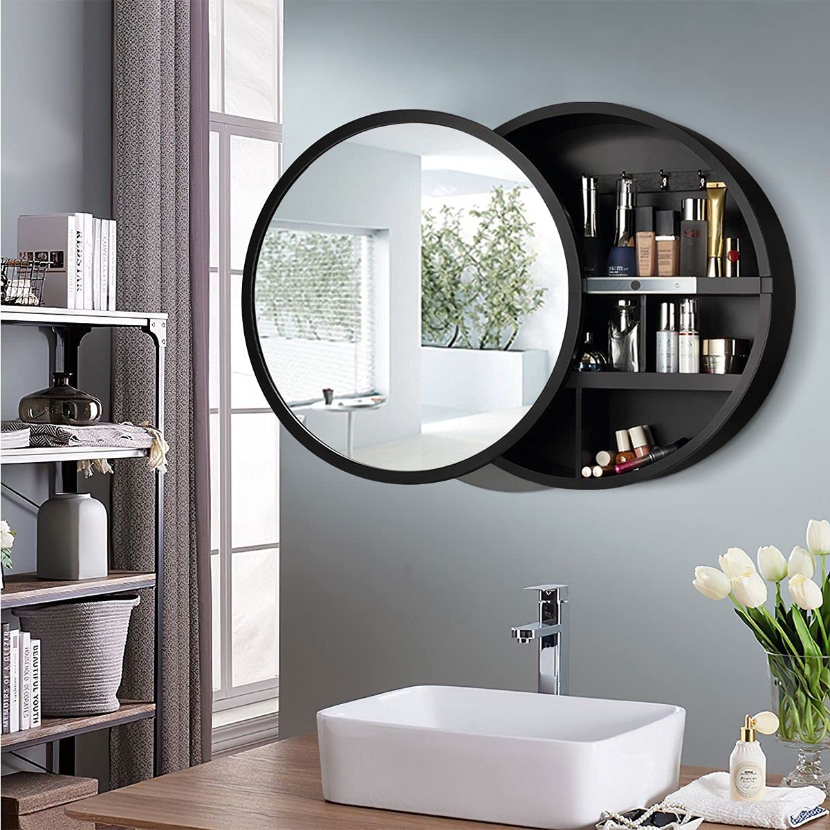 Luxsuite Mirror Bathroom Cabinet Round Medicine Vanity Round Wall Mirrored Cupboard with Storage Sliding Door Black 60cm Diameter