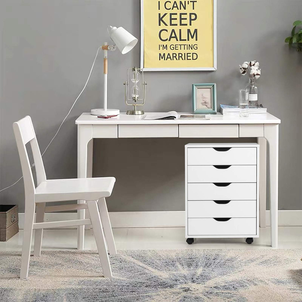 5-Drawer File Cabinet, Side Cabinet File Pedestal w/ 4 Castors, Wood Under Desk Drawer, Storage Cabinet Organiser, Compact Chest of Drawers Dresser, Mobile File Cabinets for Home Office, White