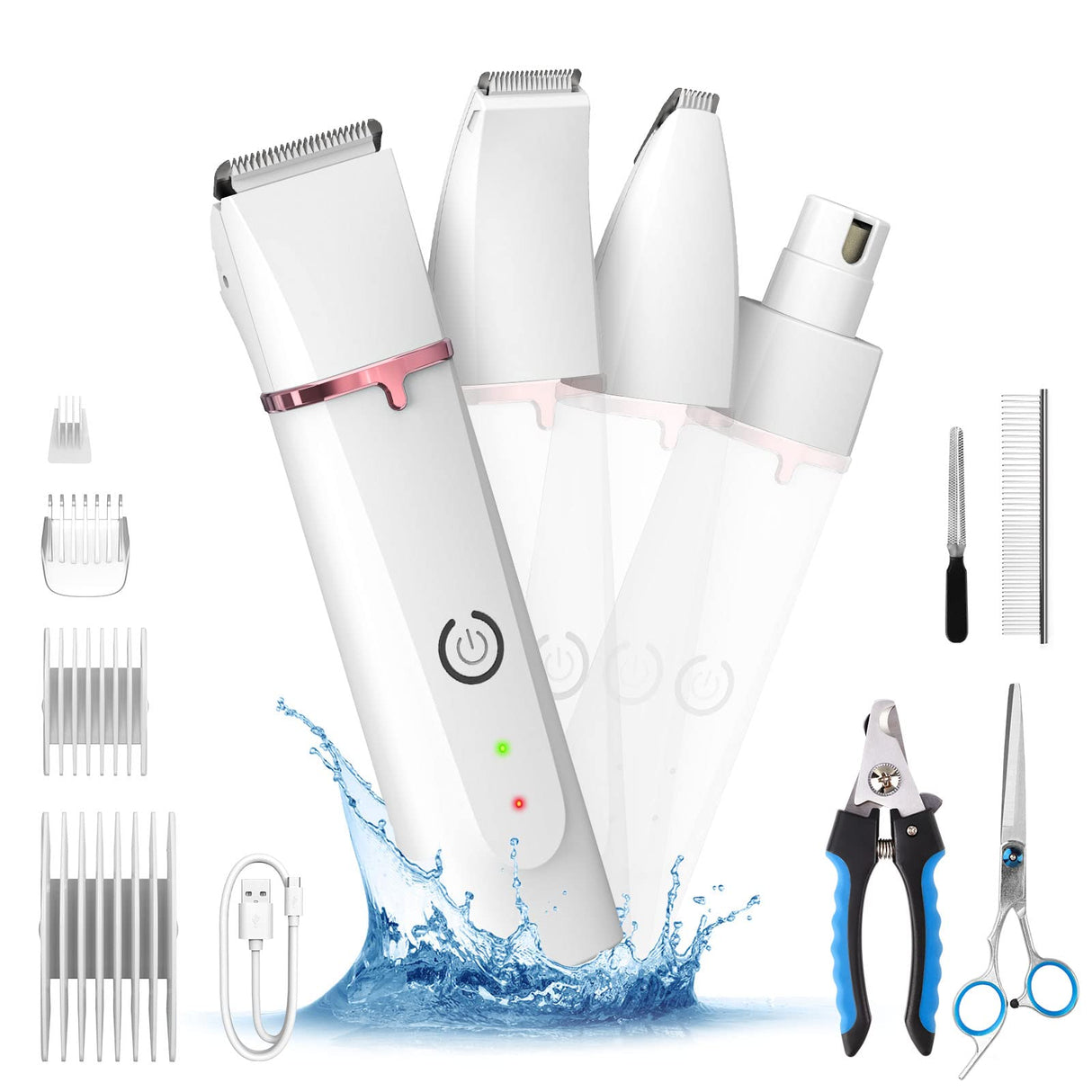 Dog Grooming Clippers kit, 4 in 1 Low Noise Pet Grooming Kit, Professional Dog Grooming Clippers, Rechargeable Cordless Dog Hair Clippers Dog Paw Trimmer Nail Grinder Trimmer for Small to Medium Pets Cat&Dog