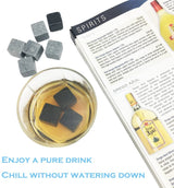 Whisky Stones Gift Set of 9 Natural Soapstone and Granite Chilling Rocks with Stylish Wooden Box and Free Velvet Pouch