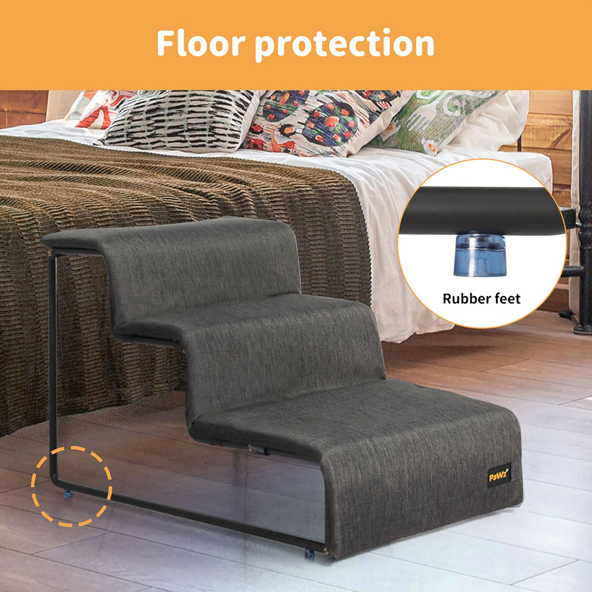 Grey 3-Step Pet Stairs with Washable Cover – 40 cm High, 50 kg
