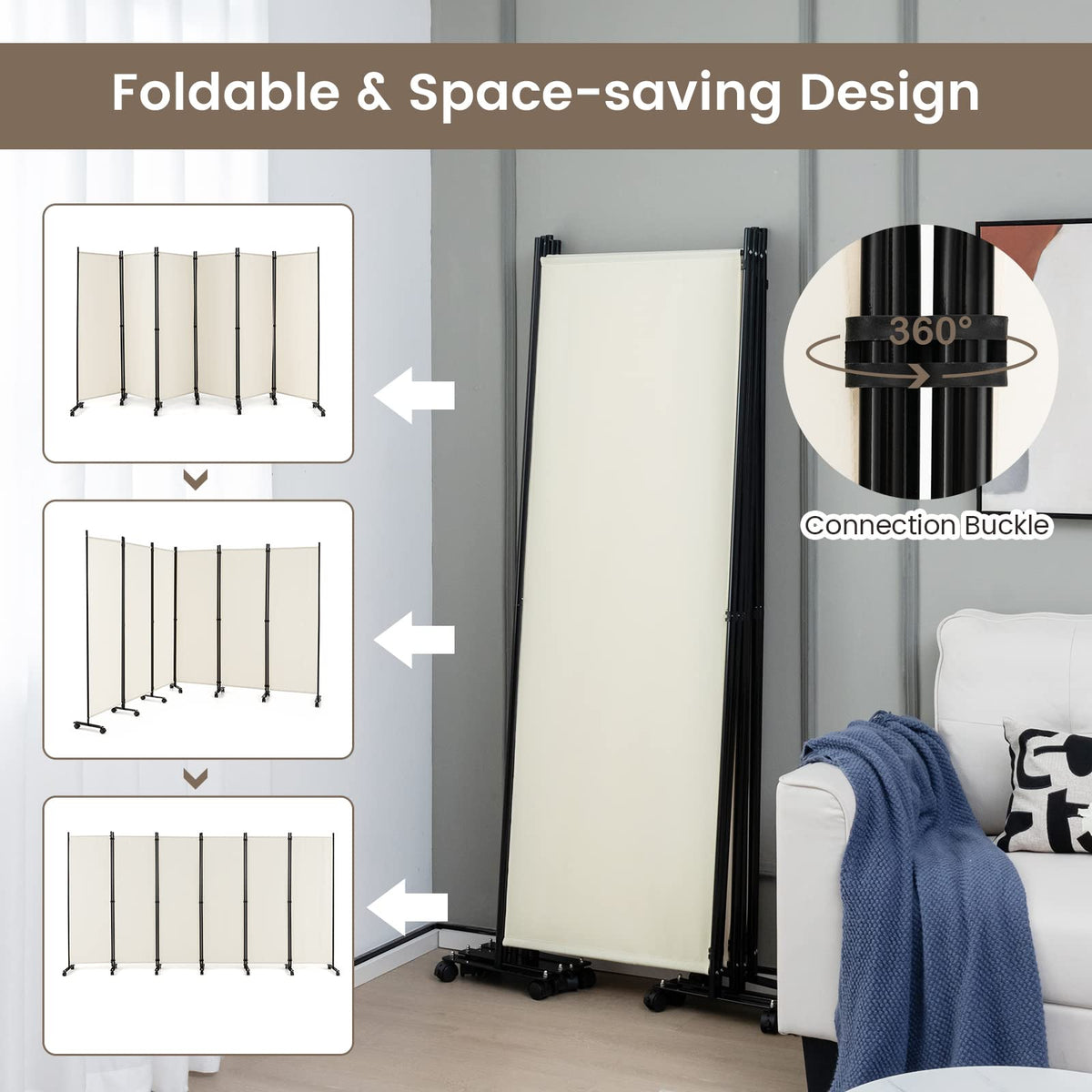 334.5 × 172 cm 6-Panel Rolling Room Divider – 4 Colours