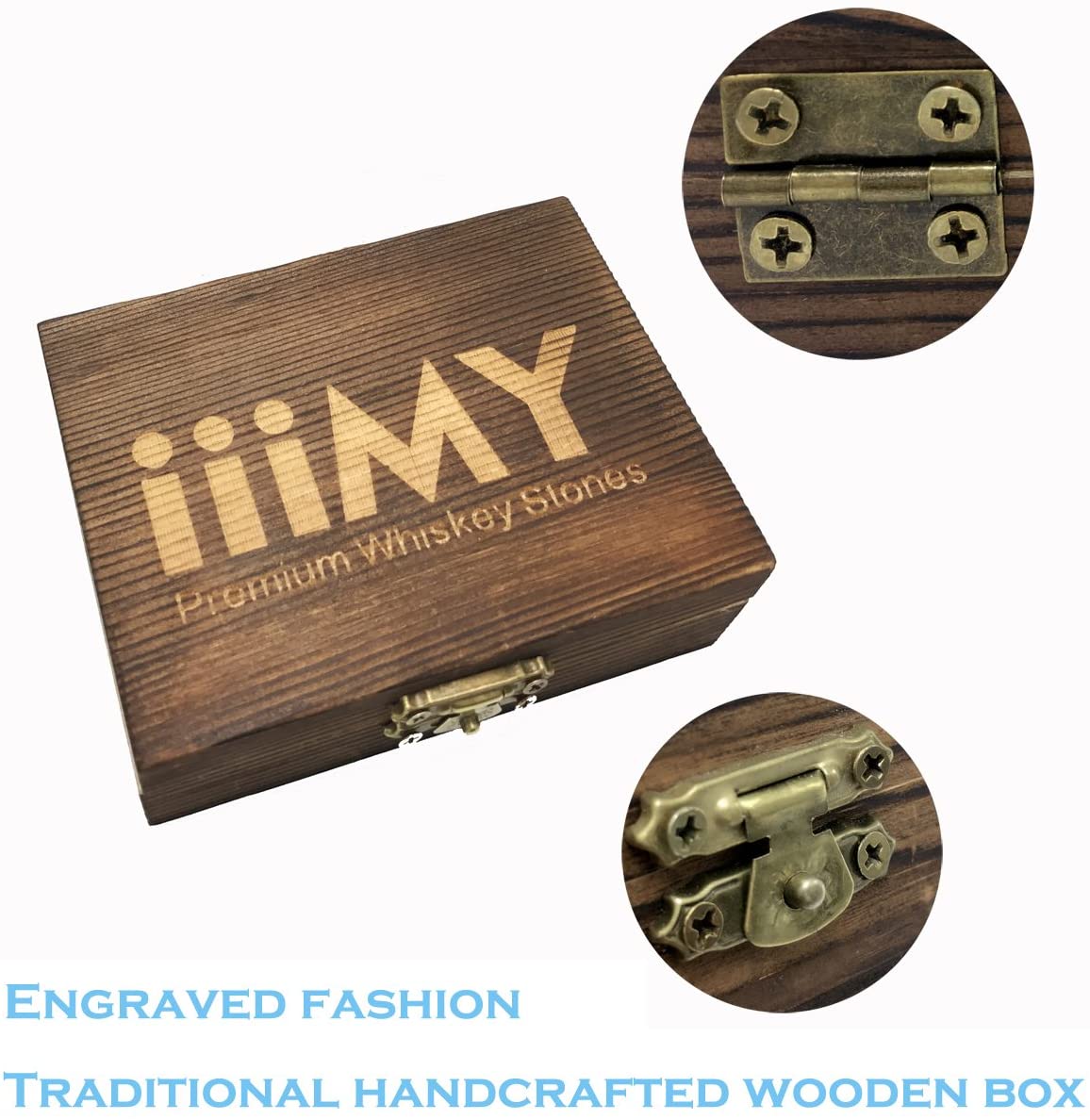 Whisky Stones Gift Set of 9 Natural Soapstone and Granite Chilling Rocks with Stylish Wooden Box and Free Velvet Pouch