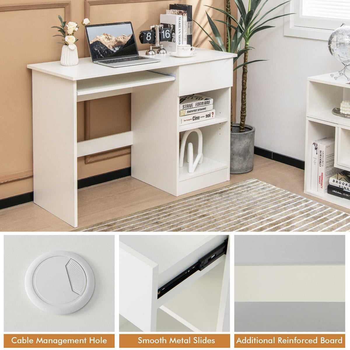 Computer Desk with Drawer, Keyboard Tray & Shelves