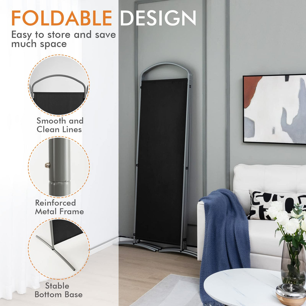 221 × 188 cm 4-Panel Black Fabric Room Divider