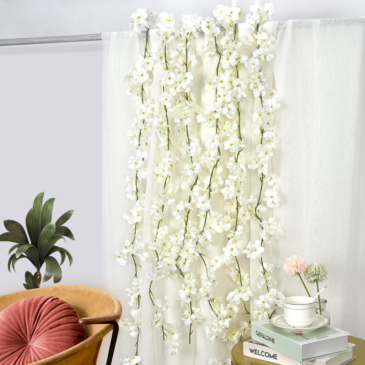 White Artificial Cherry Blossom Garlands – 4 Pack, 7.2m Total
