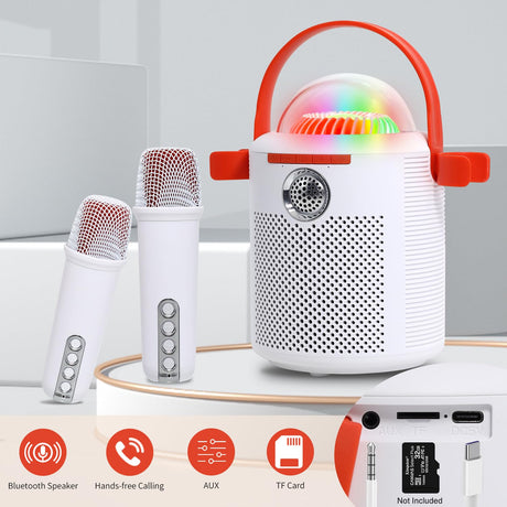 Bluetooth Karaoke Machine with Two Wireless Microphones, Portable Design with Large Battery, RGB Light Effects & Voice Changer, Bluetooth 5.0 Powerful Speaker, AUX and TF Card Input, White