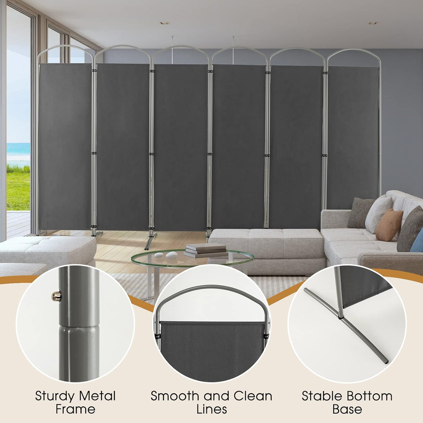 188cm Folding 6-Panel Room Divider – 4 Colours