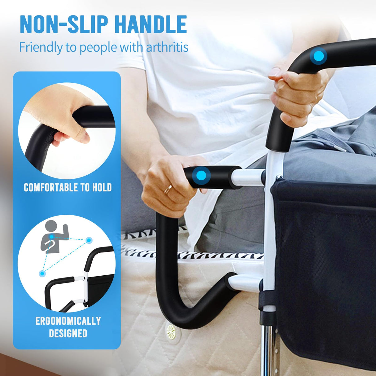 Bed Rails for Elderly Adults Safety, Foldable Bed Guard Rails for Adjustable Bed, Non-Wobble Bed Assist Bar for Seniors Fit King/Queen/Full/Twin Size Bed, Adjustable Heights & Storage Pocket