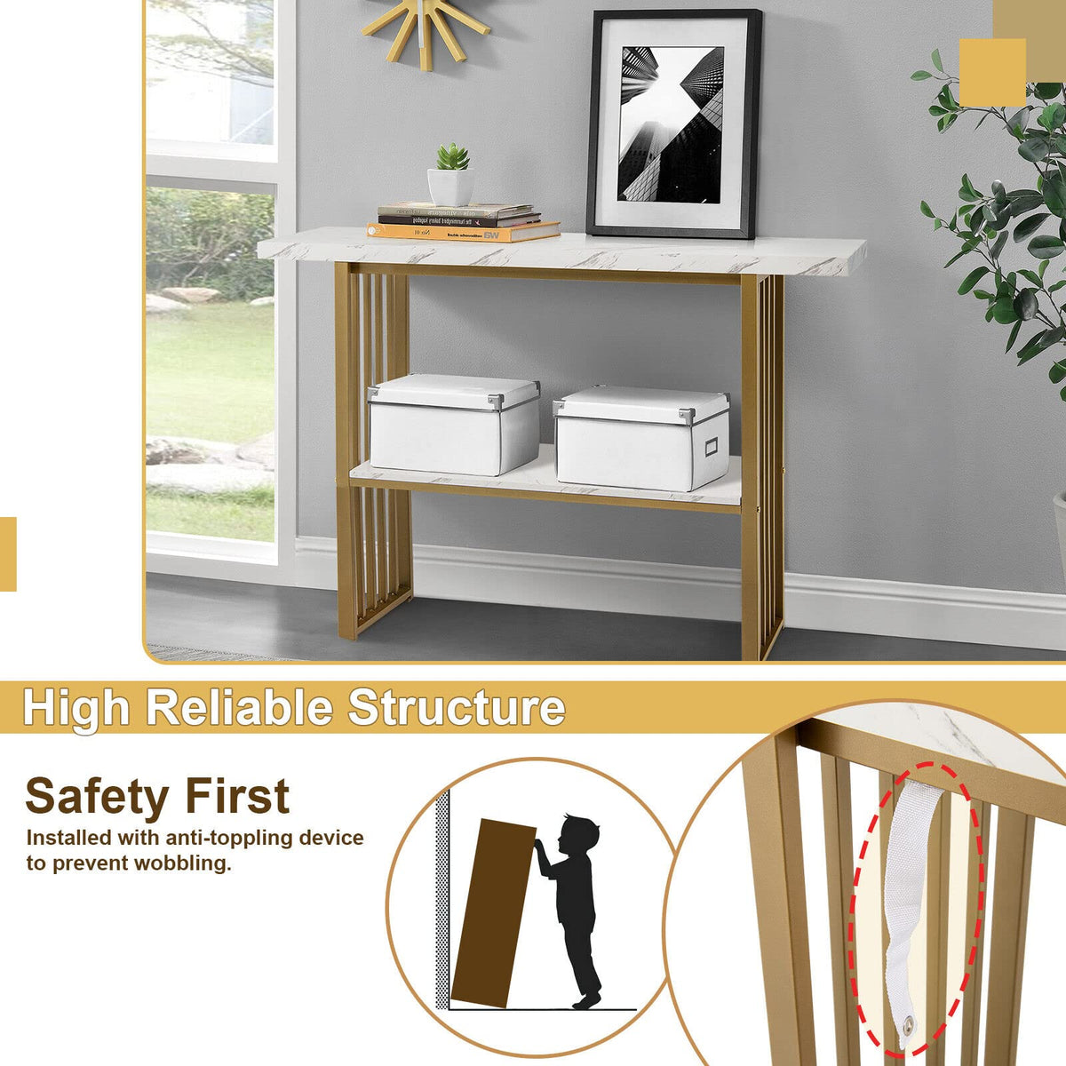 2-Tier Faux-Marble Console Table – White & Gold