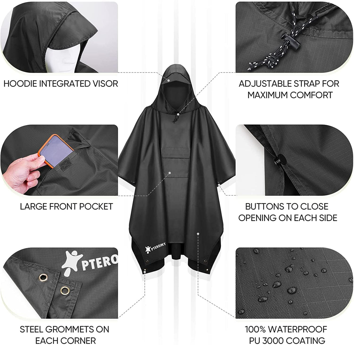 Adult Hooded Waterproof Rain Poncho with Reflective Strips