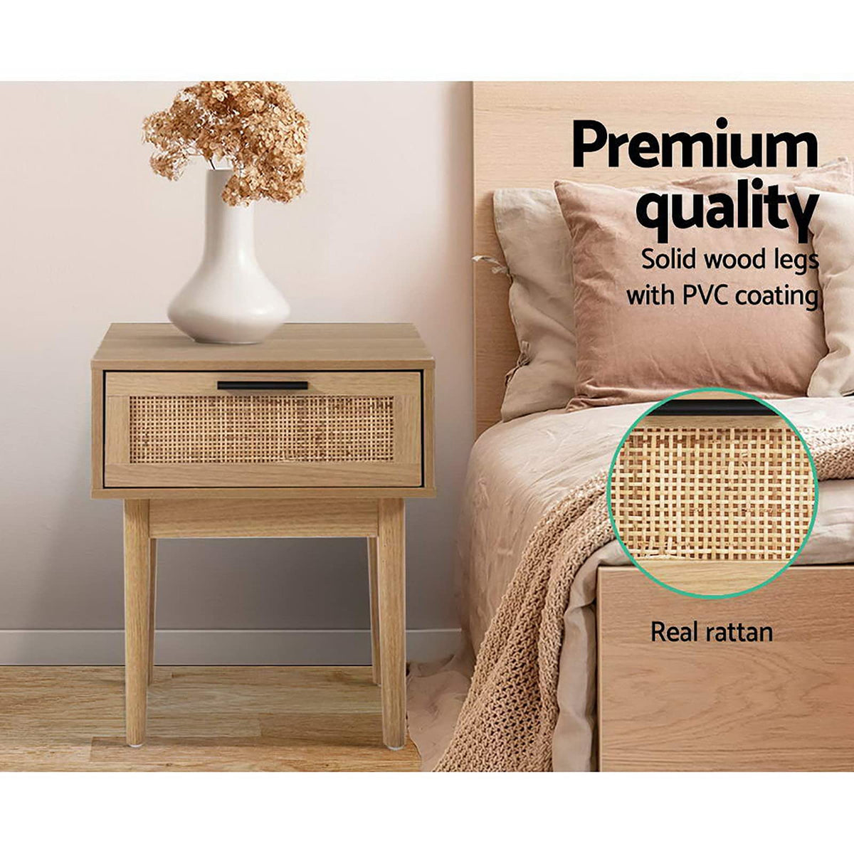 50 cm Rattan Bedside Table with Drawer