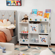 Kids Bookshelf, Wooden Children Storage Display Cabinet Bookcase w/ 5 Open Shelves, 2 Storage Boxes and 3 Slots, Kids Toy and Book Organizer for Playroom, Children’s Room