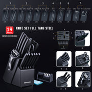 19-Piece Black Kitchen Knife Set with Oak Storage Block