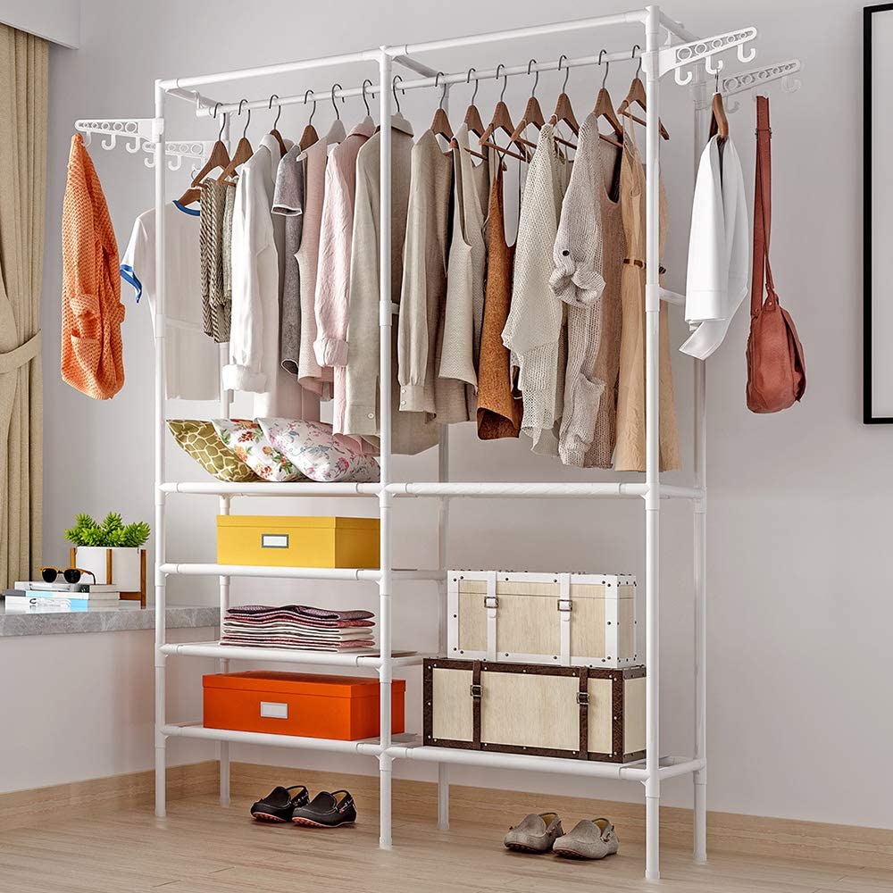 Portable Garment Rack with Shoe Storage & Side Hooks – Black or White