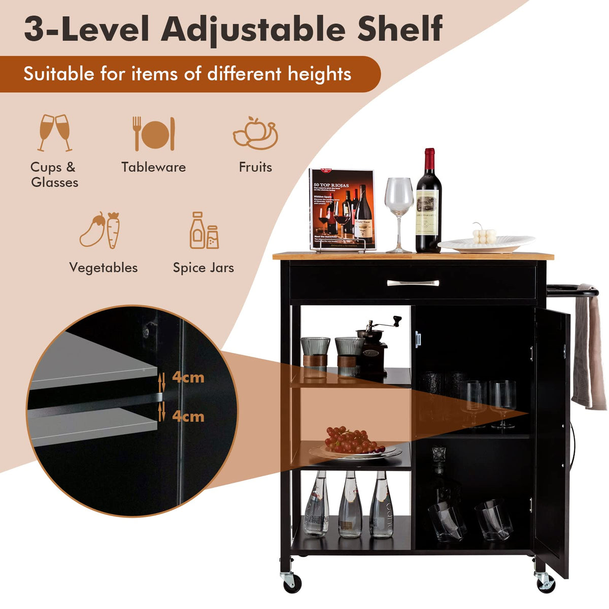 Rolling Kitchen Island with Rubberwood Top & Cabinet