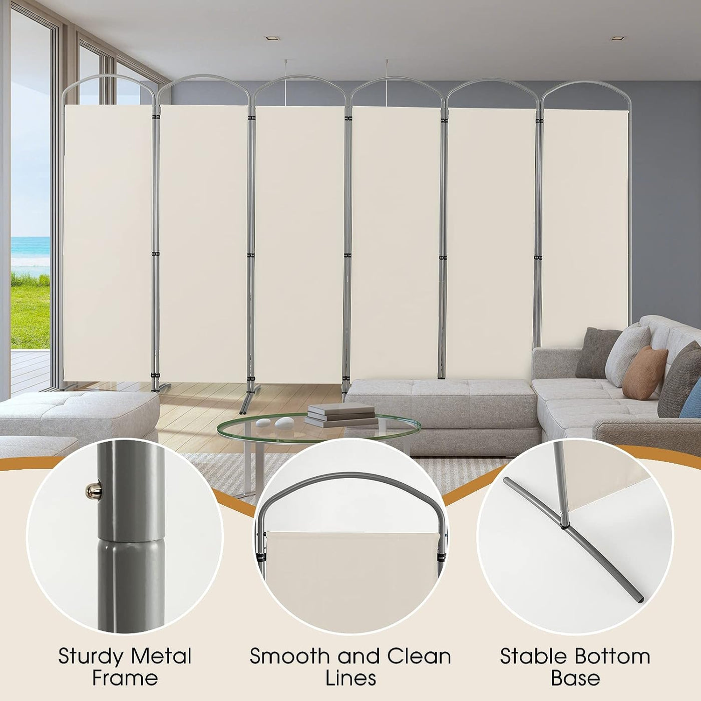 188cm Folding 6-Panel Room Divider – 4 Colours