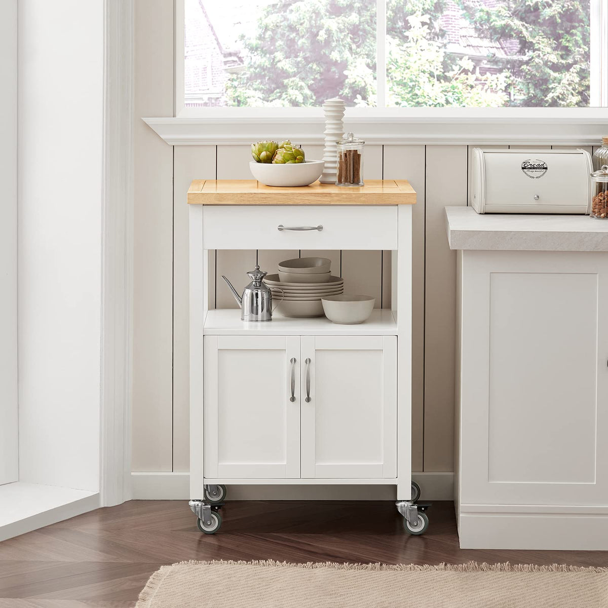 White Kitchen Trolley with Rubberwood Top & Cabinet