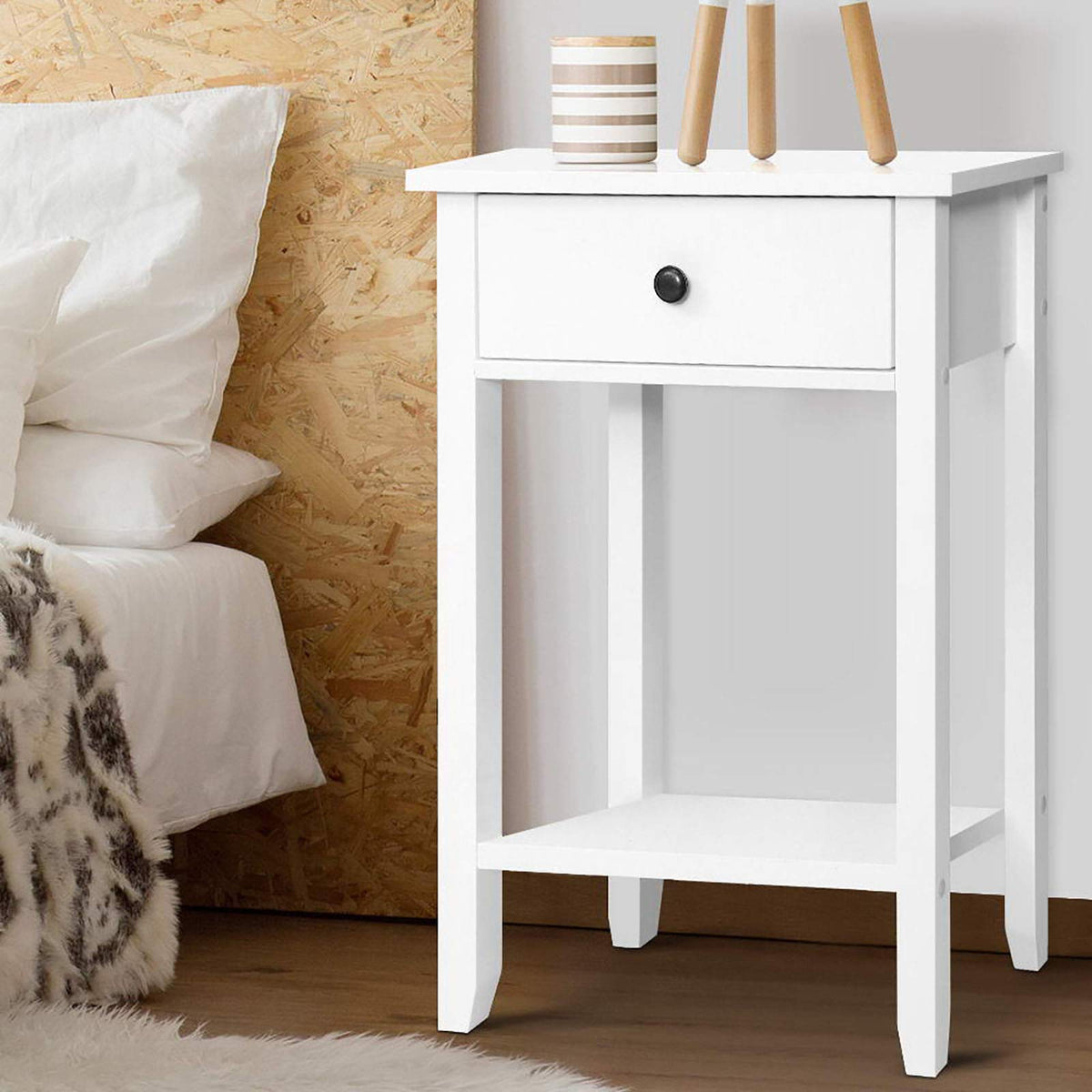White Bedside Table with Drawer & Shelf