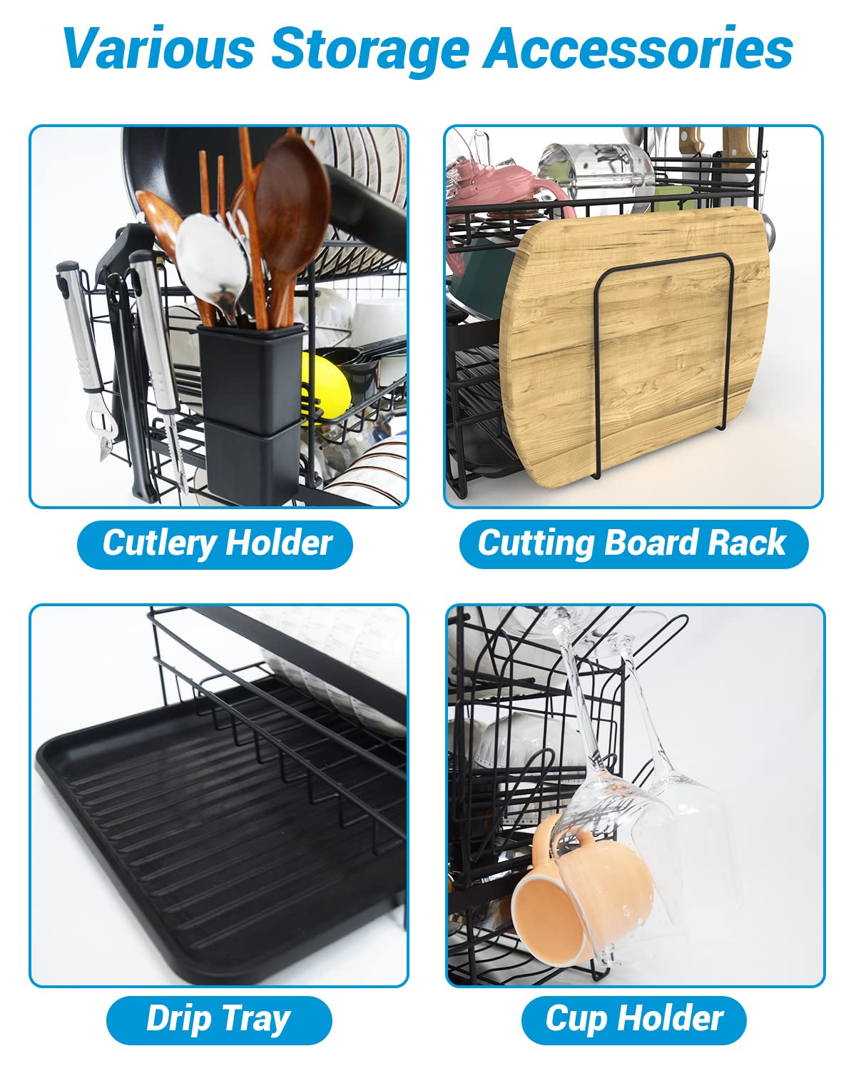 3-Tier Black Dish Rack with Removable Drip Tray & Holders