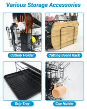 3-Tier Black Dish Rack with Removable Drip Tray & Holders