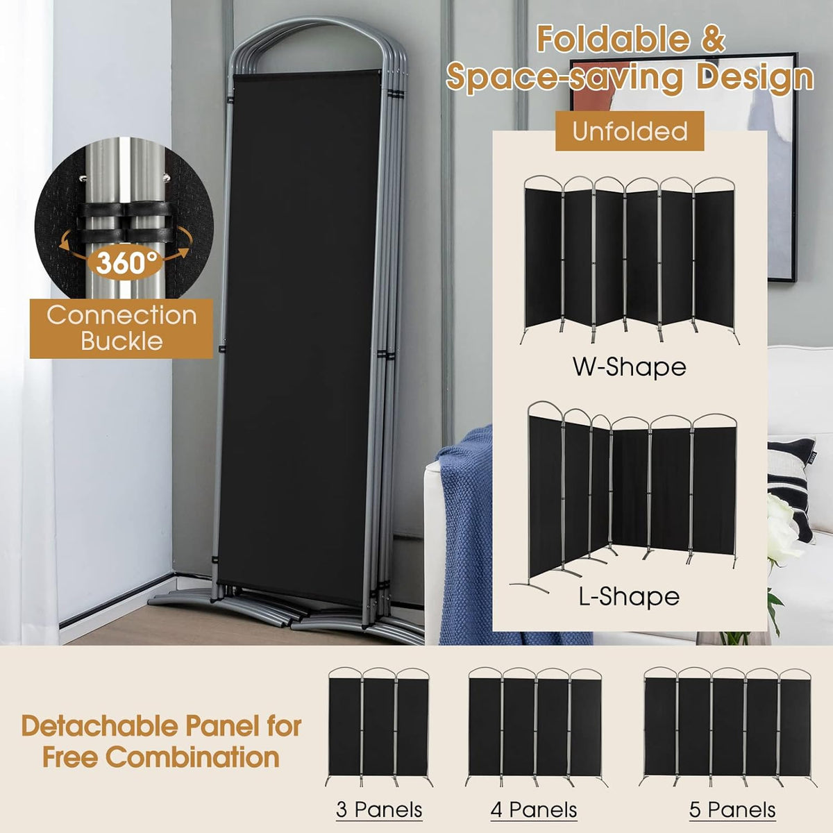 188cm Folding 6-Panel Room Divider – 4 Colours