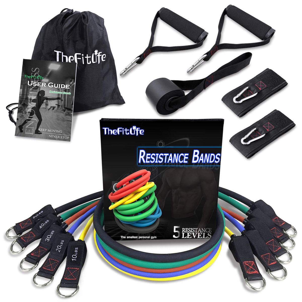 Exercise Resistance Bands with Handles - 5 Fitness Workout Bands Stackable up to 110 - 150 lbs, Training Tubes with Large Handles, Ankle Straps, Door Anchor Attachment, Carry Bag