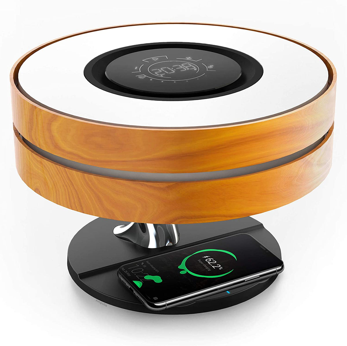 Ampulla Horizon Bedside Lamp with TWS Bluetooth Speaker and 10W Wireless Charger, Table Lamp Desk Lamp with Digital Clock, Stepless Dimming and Sleep Mode for Light Sleeper