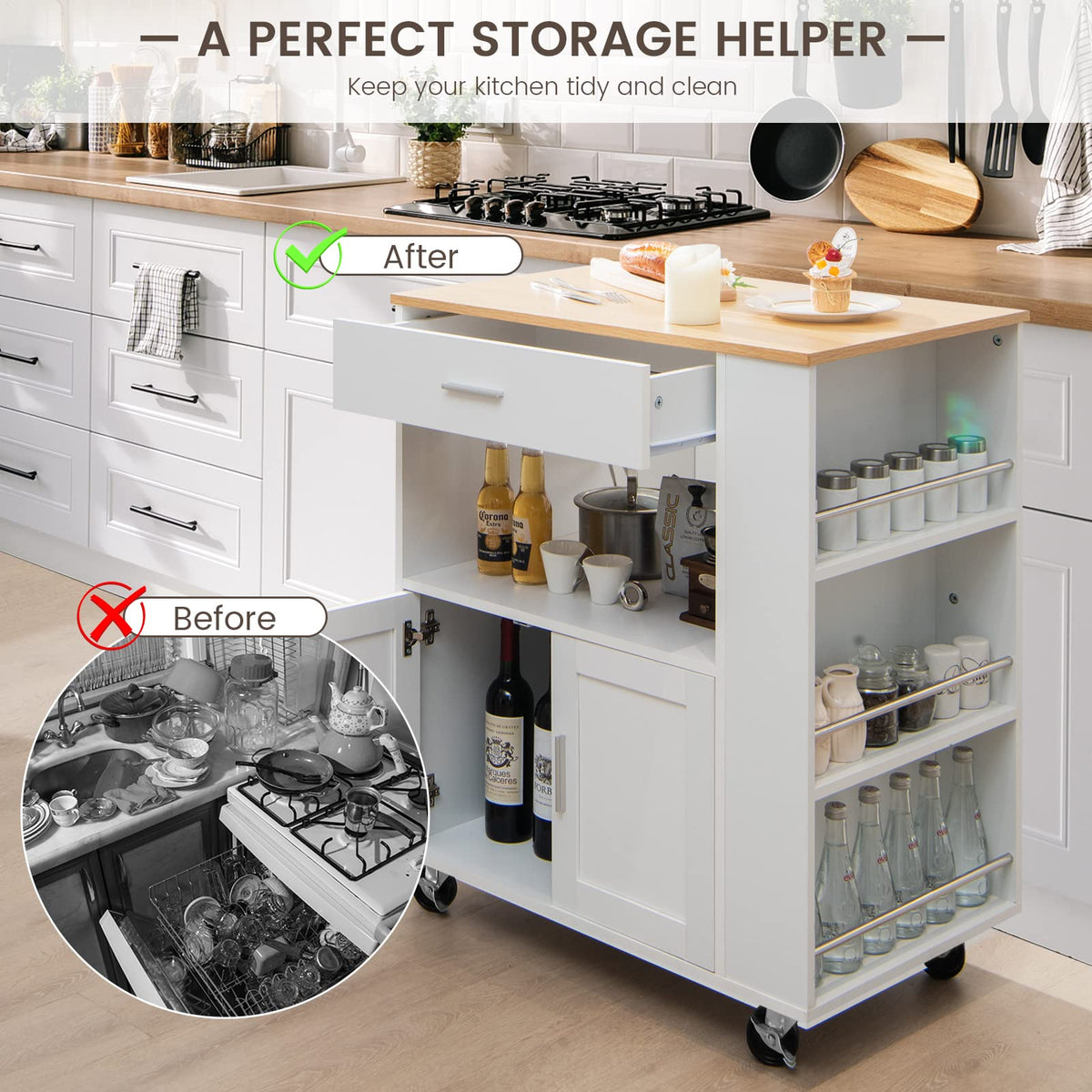 White Rolling Kitchen Island with 3-Tier Spice Rack