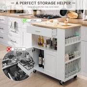 White Rolling Kitchen Island with 3-Tier Spice Rack